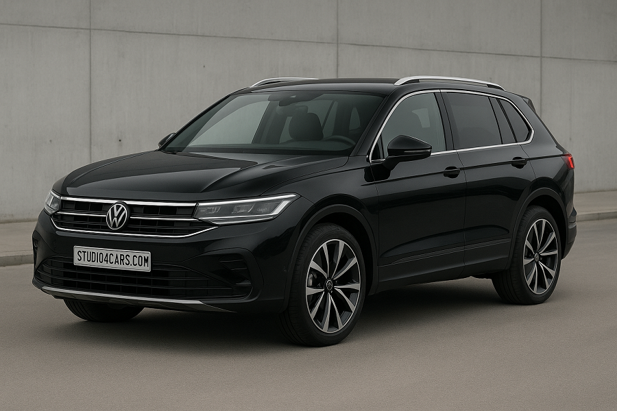 Front view of the 2025 Volkswagen Tiguan in a classic black color, highlighting its stylish appearance and contemporary features against a simple backdrop.